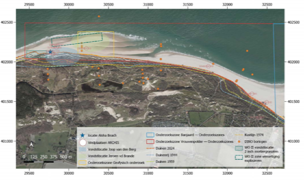 Afbeelding uit rapport Beach Archaeology. Bureauonderzoek voor een multi-disciplinair onderzoek naar archeologische sites op het strand  en voor de kust van Vrouwenpolder, gemeente Veere.. Auteurs:   B.H.F.M. Meijlink, B. Silkens, J.J.H. van den Berg & C. Turner (stagaire UCR). Uitgave Walcherse Archeologische Dienst, rapport nr. 75, 2024.